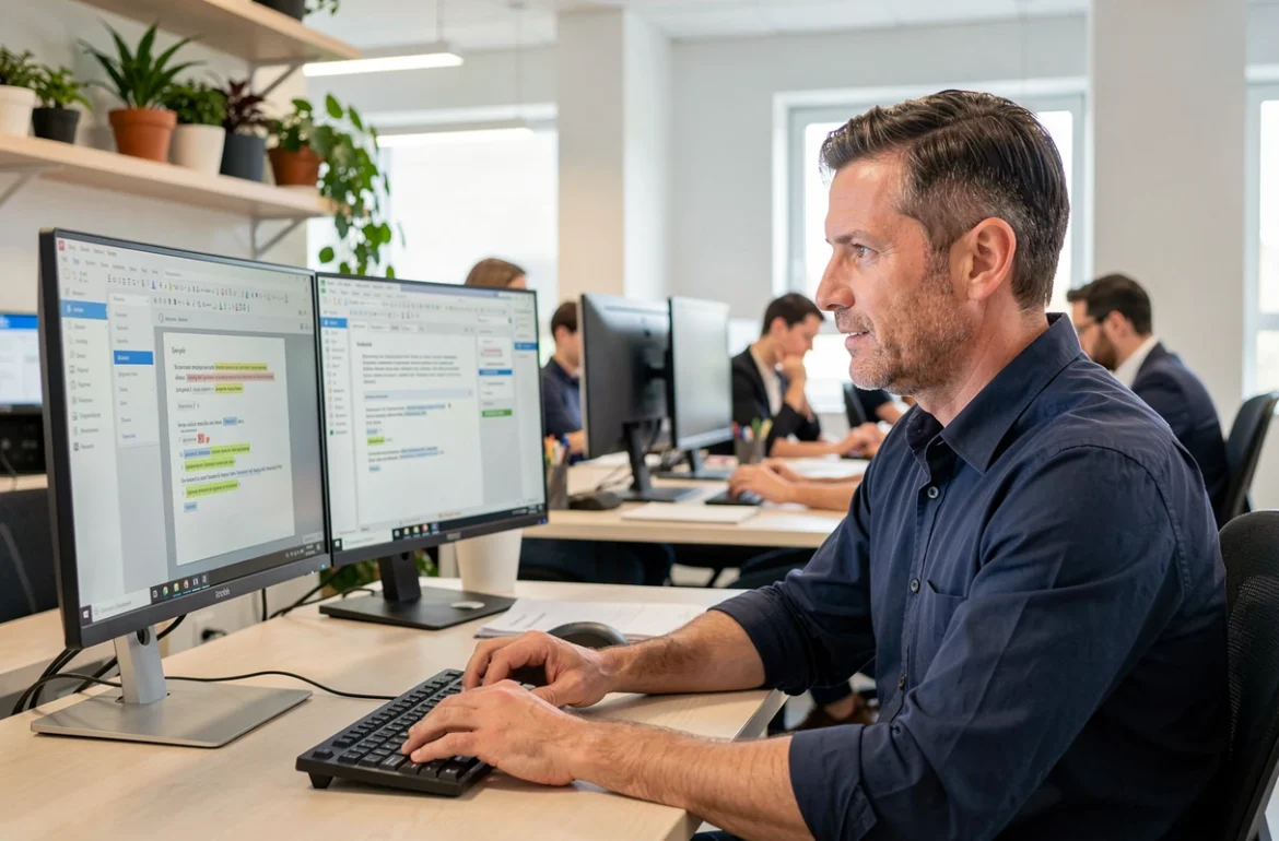 Homme utilisant un logiciel de correction grammaticale sur double écran dans un bureau professionnel moderne