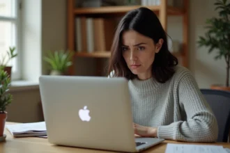 Femme frustrée devant un MacBook Pro qui rame avec le curseur rotatif affiché