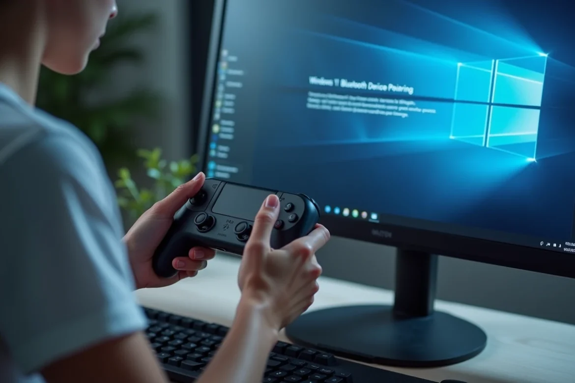 Mains tenant une manette Joy-Con Switch devant un écran PC Windows 11 affichant le menu d'appairage Bluetooth