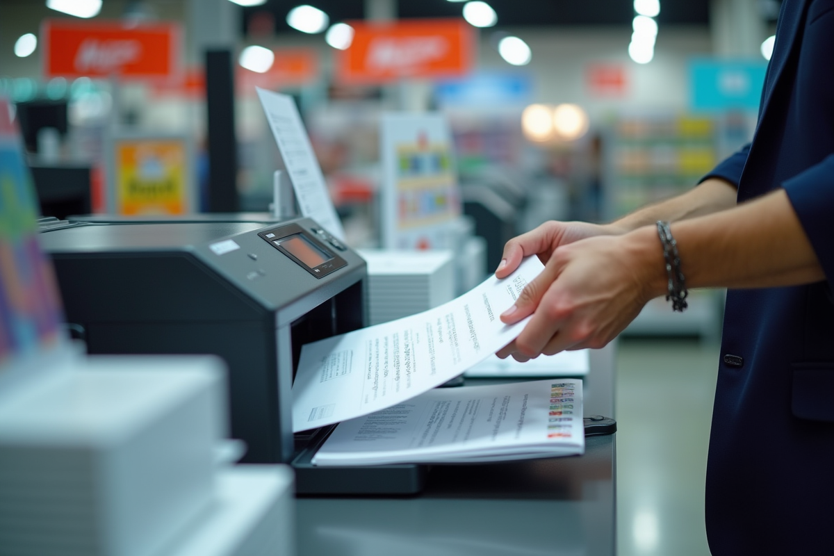 Mains récupérant des documents imprimés au comptoir de Leclerc
