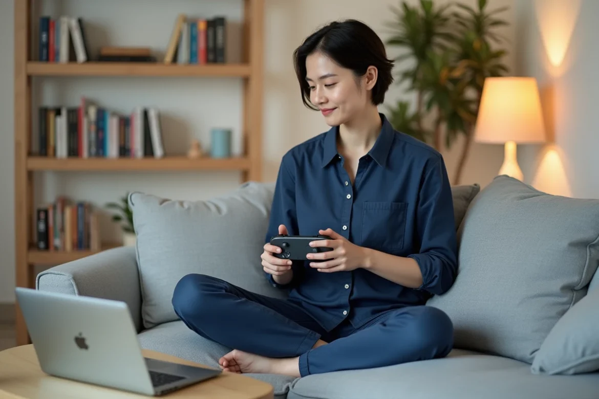 Femme associant une manette Switch Pro Controller en Bluetooth sur un MacBook posé sur un canapé