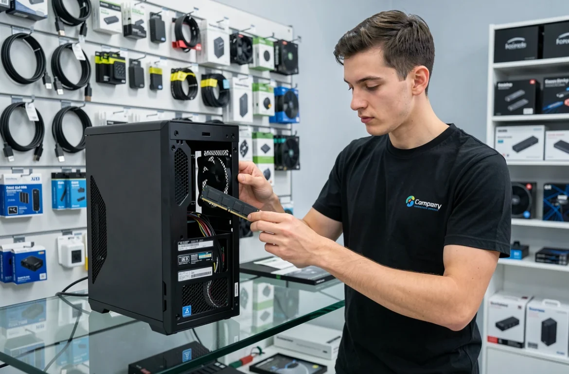 Technicien de Media Pc installant un module RAM dans un ordinateur de bureau derrière le comptoir d'un magasin de réparation informatique