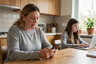 Mère consultant l'application Find My sur son iPhone pour surveiller le téléphone de sa fille adolescente depuis la cuisine familiale