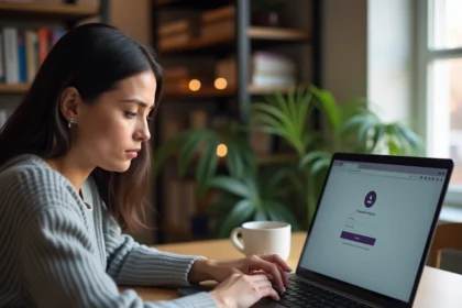 Femme regardant un champ de mot de passe masqué par des points sur un navigateur web