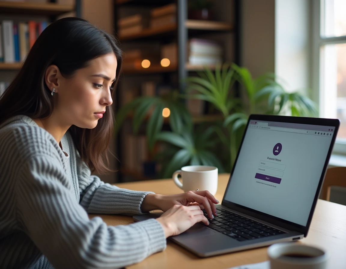 Femme regardant un champ de mot de passe masqué par des points sur un navigateur web