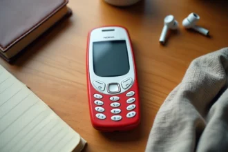 Nokia 5310 blanc et rouge posé sur un bureau en bois avec des écouteurs et un carnet, vue de dessus