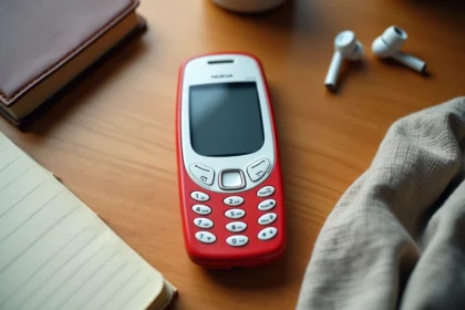 Nokia 5310 blanc et rouge posé sur un bureau en bois avec des écouteurs et un carnet, vue de dessus