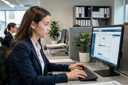 Nouvelle agente de la fonction publique utilisant le portail web Melanie sur un ordinateur de bureau dans un bureau administratif moderne