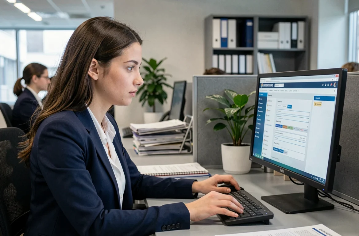 Nouvelle agente de la fonction publique utilisant le portail web Melanie sur un ordinateur de bureau dans un bureau administratif moderne