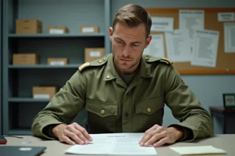 Officier militaire en uniforme examinant un planning hebdomadaire imprimé dans un bureau administratif de caserne