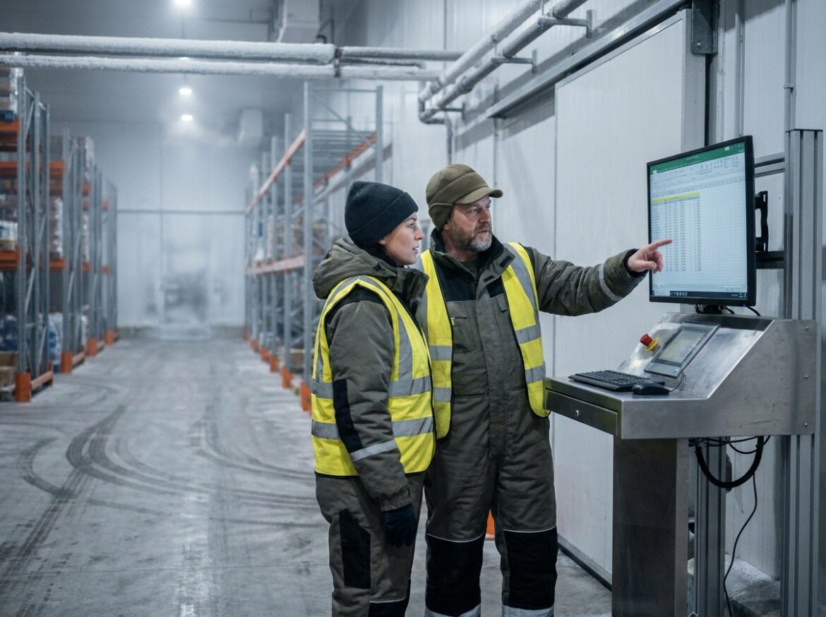 Deux opérateurs consultant un terminal informatique industriel dans un entrepôt de distribution frigorifique