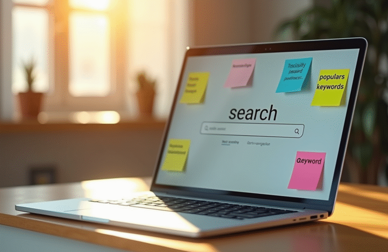 Ordinateur portable sur un bureau en bois lumineux avec notes autocollantes
