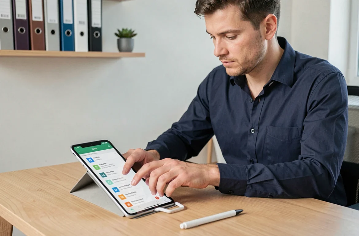 Homme organisant des fichiers PDF sur une tablette Android posée sur un bureau de home office bien rangé
