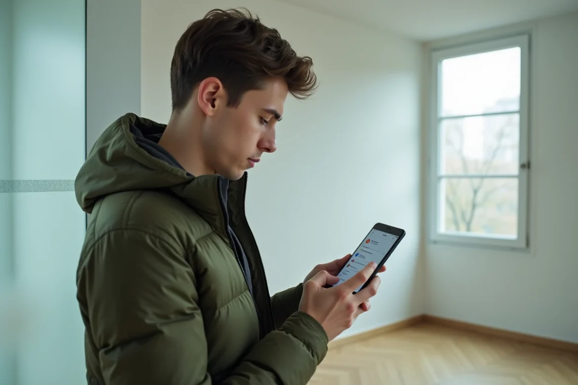 Personne consultant les paramètres d'historique Chrome sur smartphone dans un appartement minimaliste