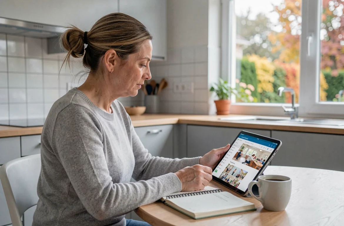 Parent d'élève consultant l'ENT des Yvelines sur une tablette dans la cuisine