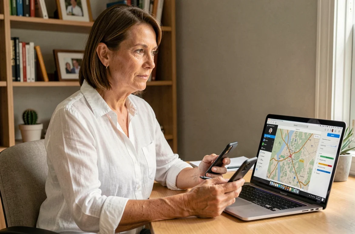 Femme utilisant simultanément un MacBook et un iPhone pour gérer la localisation familiale via iCloud Find My depuis son bureau à domicile