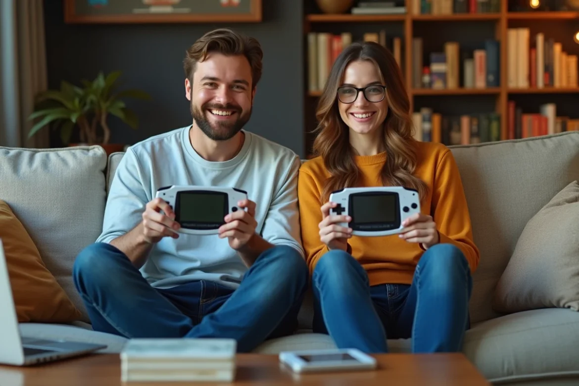 Deux amis partageant une sauvegarde Pokémon GBA via un câble link sur un canapé dans un salon rétro gaming