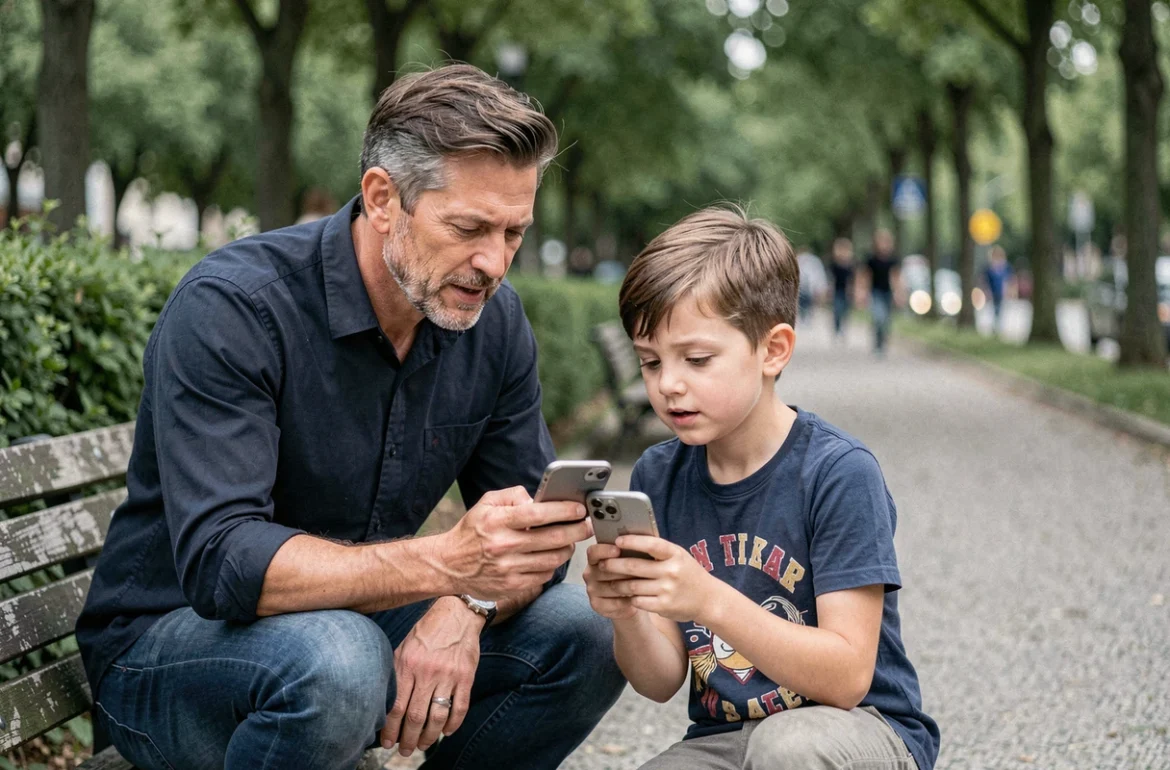Père et fils consultant ensemble les paramètres de localisation sur un iPhone dans un parc, illustrant le contrôle parental avec Find My
