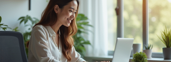 Personne souriante utilisant un ordinateur portable dans un bureau lumineux