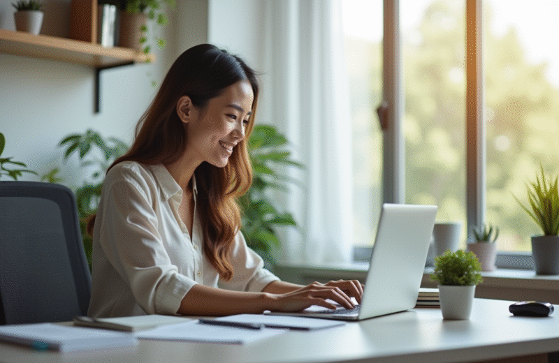 Personne souriante utilisant un ordinateur portable dans un bureau lumineux