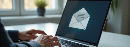 Personne utilisant un ordinateur portable pour se connecter à ses emails avec un smartphone affichant un code 2FA