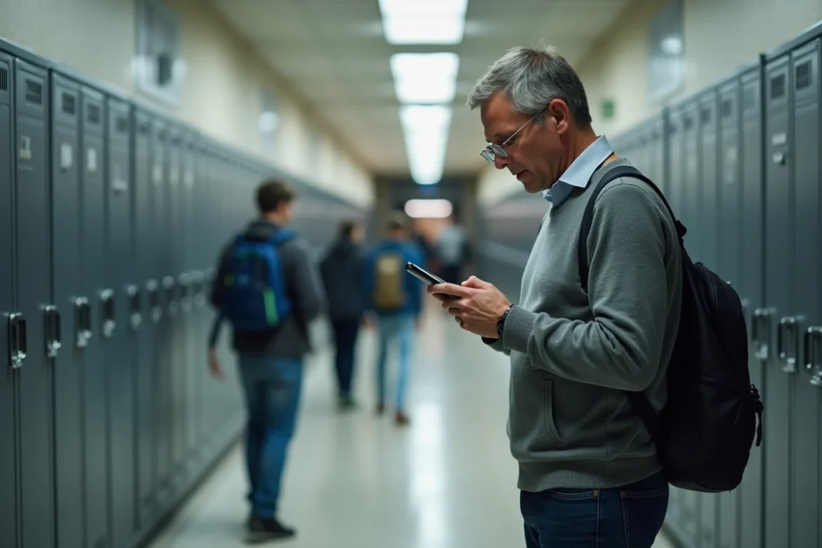 Personnel éducatif consultant la messagerie Ia87 sur smartphone dans un couloir d'établissement scolaire