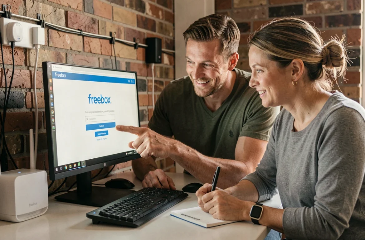 Couple suivant les étapes de première connexion à Freebox OS sur un ordinateur de bureau à la maison