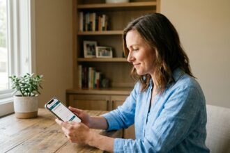 Femme prenant rendez-vous chez l'opticien en ligne depuis son smartphone à domicile