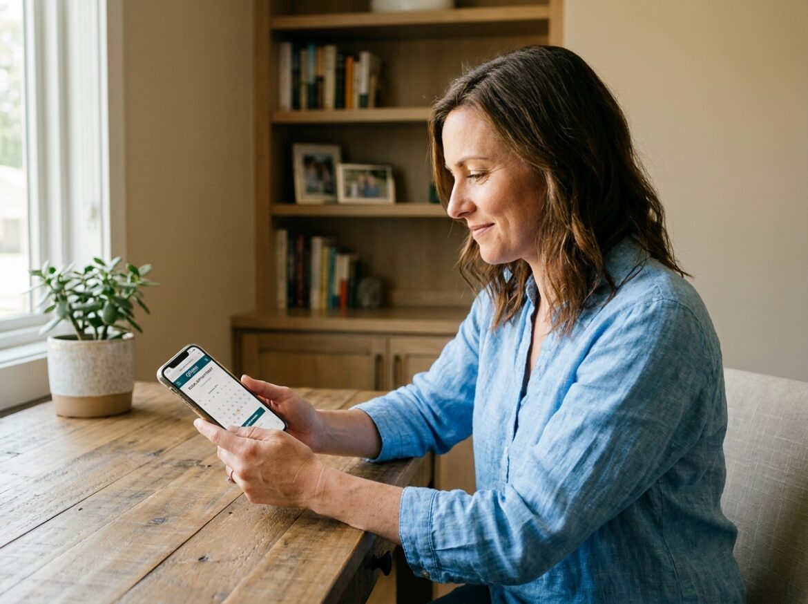 Femme prenant rendez-vous chez l'opticien en ligne depuis son smartphone à domicile