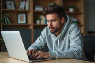 Homme frustré devant un clavier d'ordinateur portable avec mauvaise configuration des touches