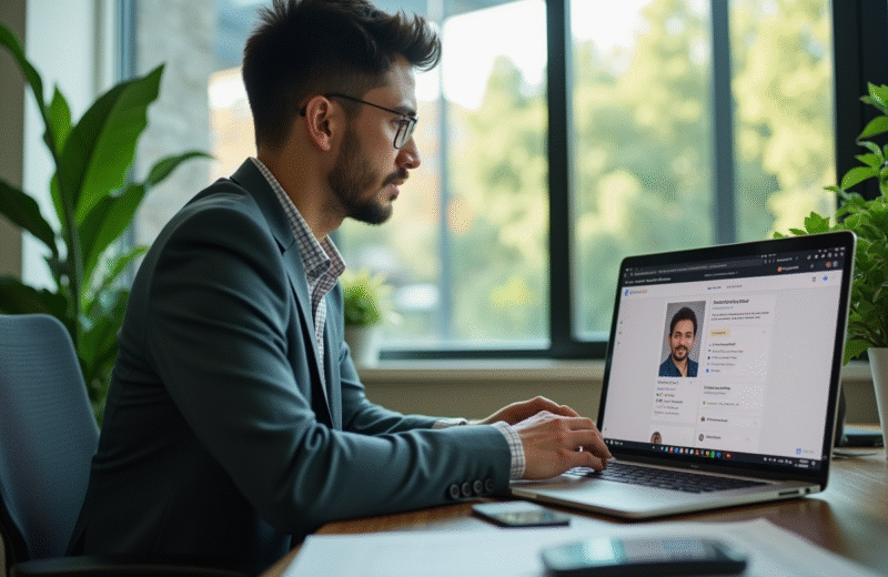 Professionnel au bureau vérifiant son profil en ligne