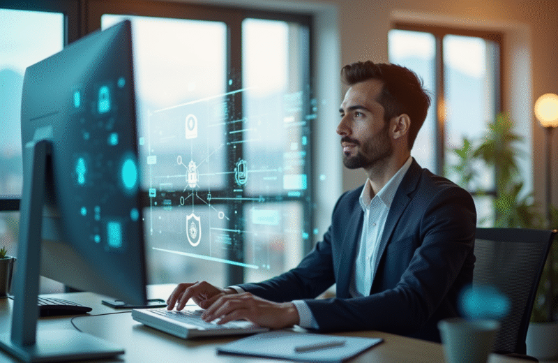 Professionnel confiant travaillant sur un bureau moderne avec icônes digitales