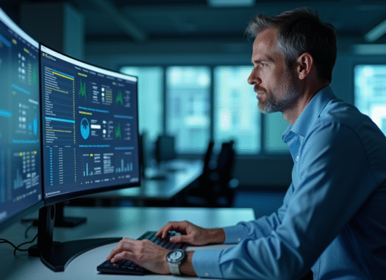 Homme IT en surveillance réseau dans un bureau high-tech