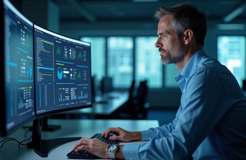 Homme IT en surveillance réseau dans un bureau high-tech