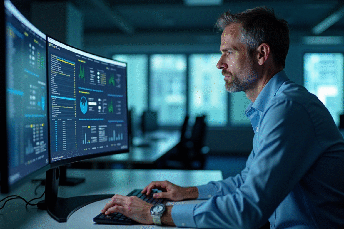 Homme IT en surveillance réseau dans un bureau high-tech