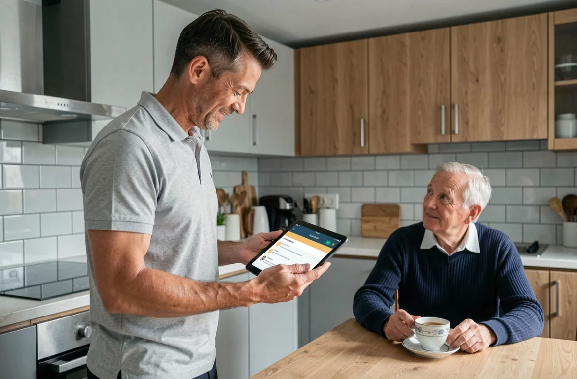 Professionnel des services à la personne consultant un rapport numérique sur tablette lors d'une intervention à domicile