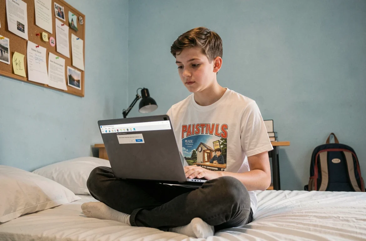 Adolescent configurant un raccourci de logiciel portable sur le bureau depuis son ordinateur portable