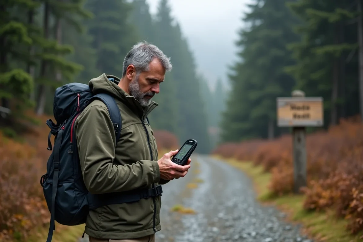 Randonneur consultant un tracé GPX sur un appareil GPS portatif à l'entrée d'un sentier de montagne en forêt