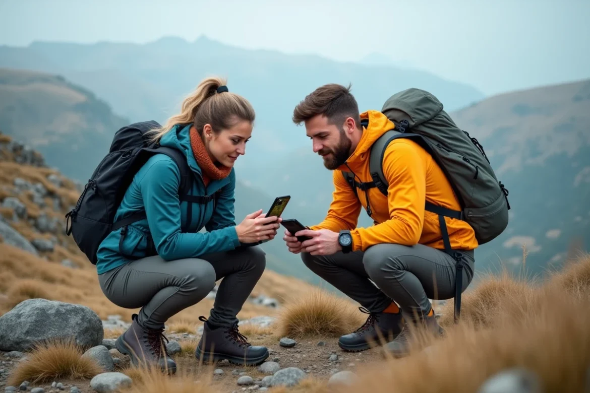 Deux randonneurs consultant un fichier GPX partagé sur smartphone avec vue satellite au sommet d'une colline