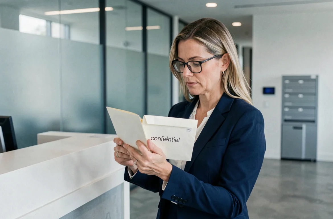 Réceptionniste professionnelle vérifiant la confidentialité d'un courrier PIX dans un hall d'entreprise moderne