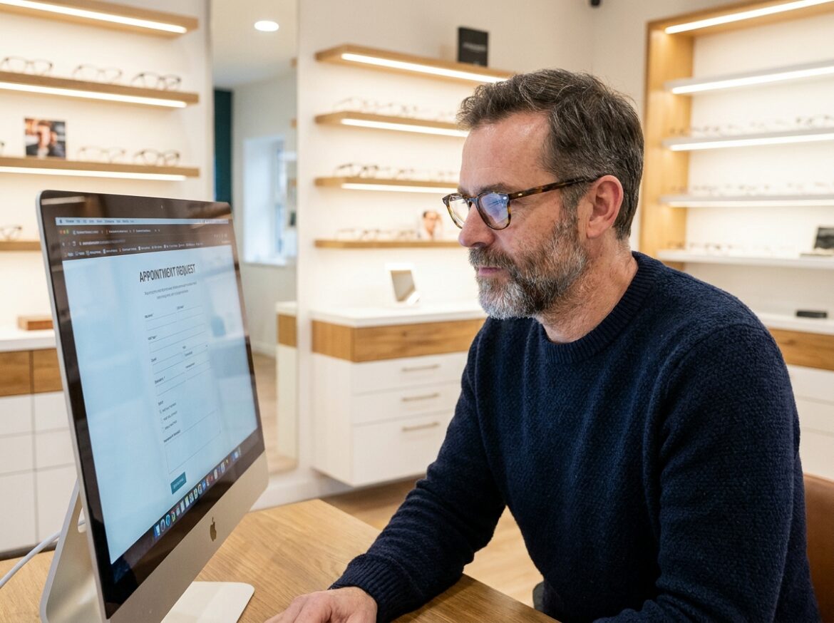 Homme avec lunettes remplissant un formulaire de rendez-vous opticien en ligne sur un ordinateur