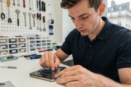 Technicien réparateur de téléphone posant une protection écran en verre trempé sur un smartphone dans un atelier professionnel à Montpellier