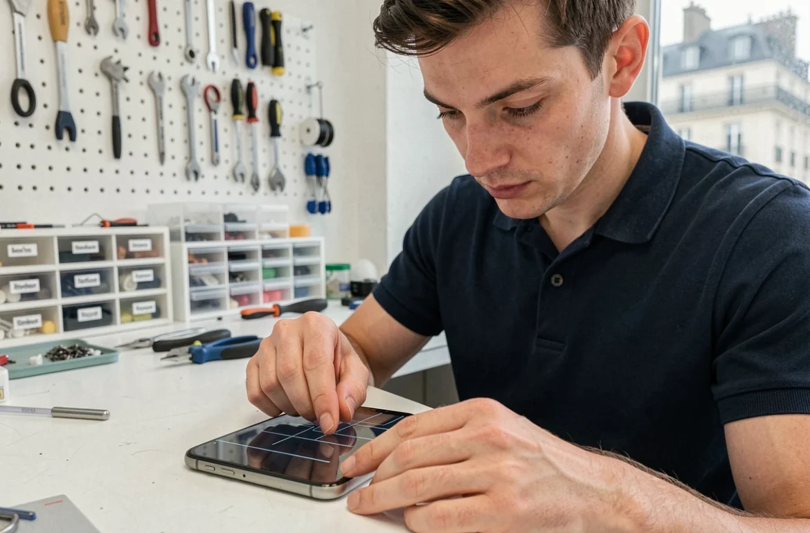 Technicien réparateur de téléphone posant une protection écran en verre trempé sur un smartphone dans un atelier professionnel à Montpellier