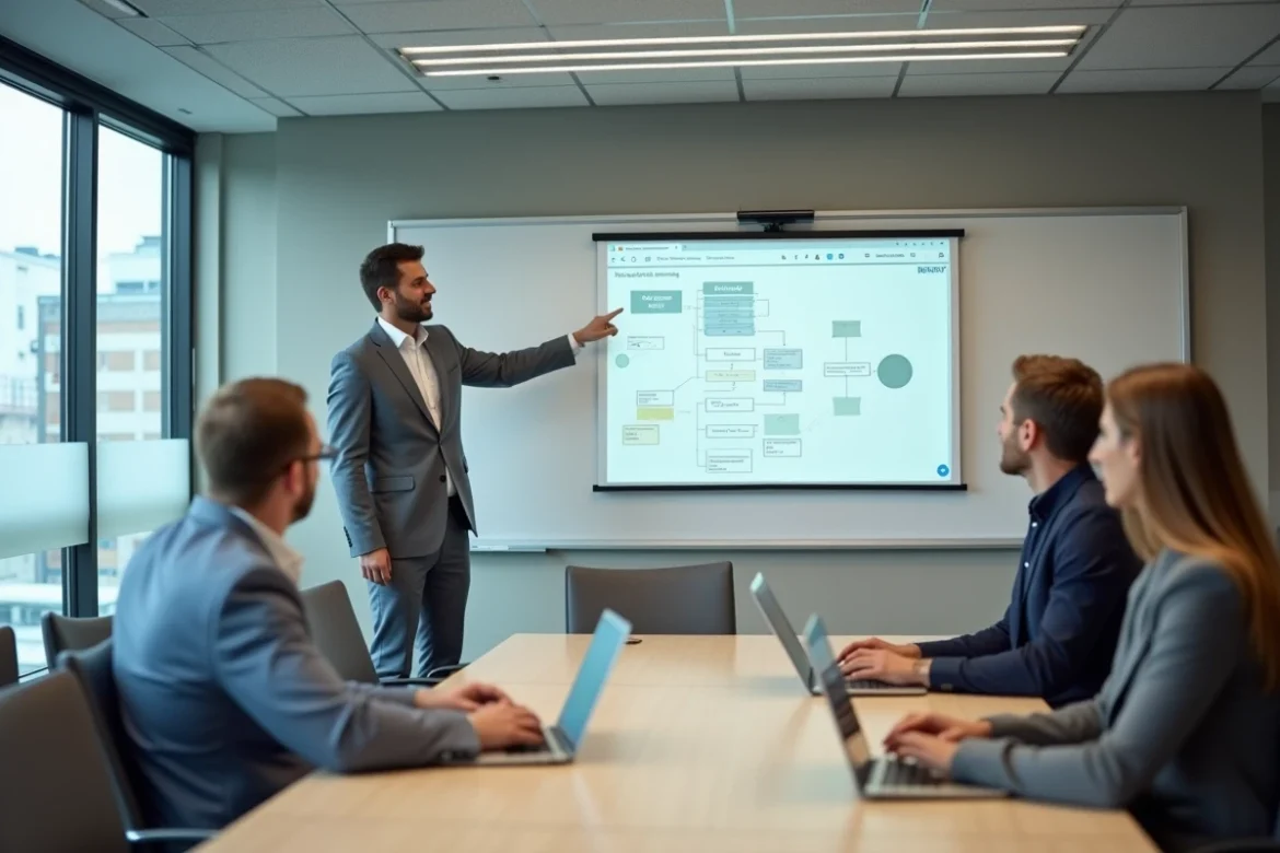 Réunion d'équipe dans un service public autour d'un outil intranet de gestion des ressources humaines