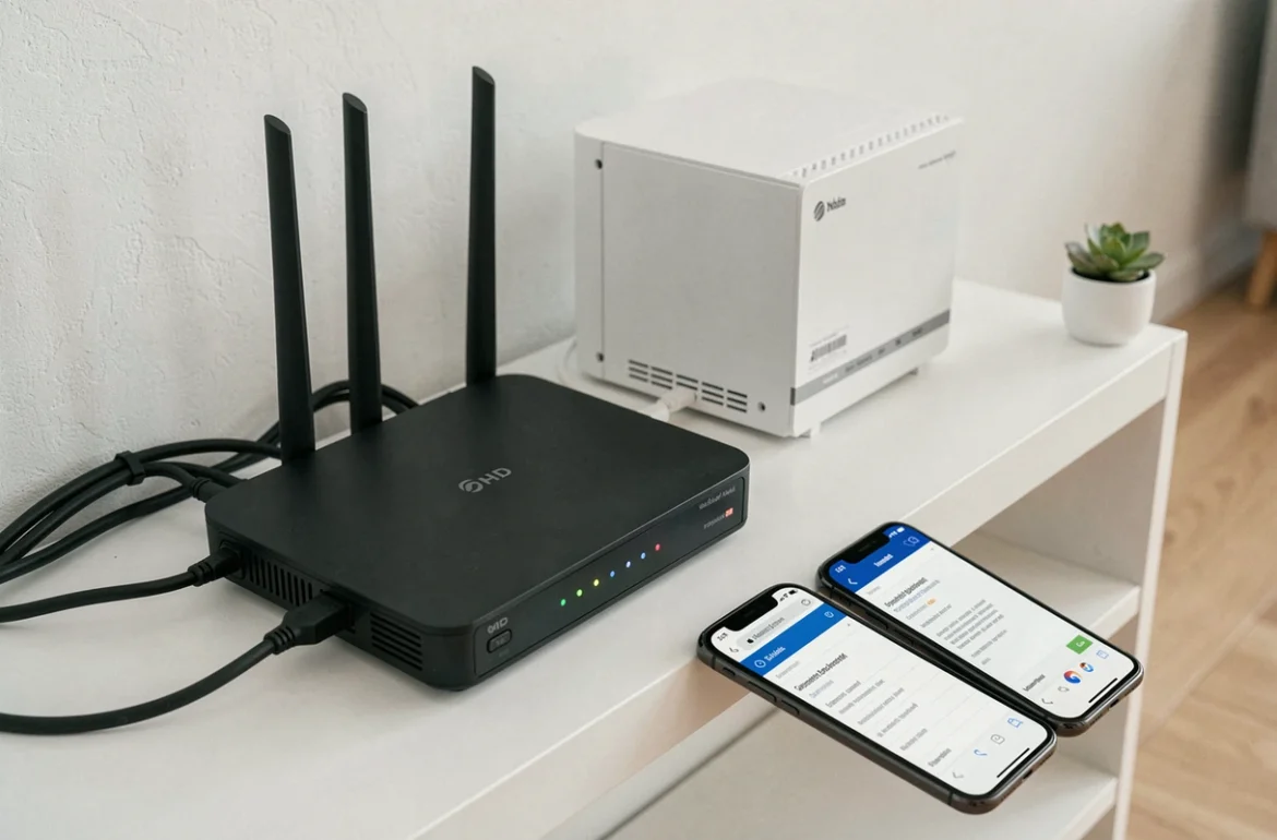 Routeur ADSL et modem connectés sur une étagère moderne avec un smartphone affichant une interface webmail, matériel réseau domestique