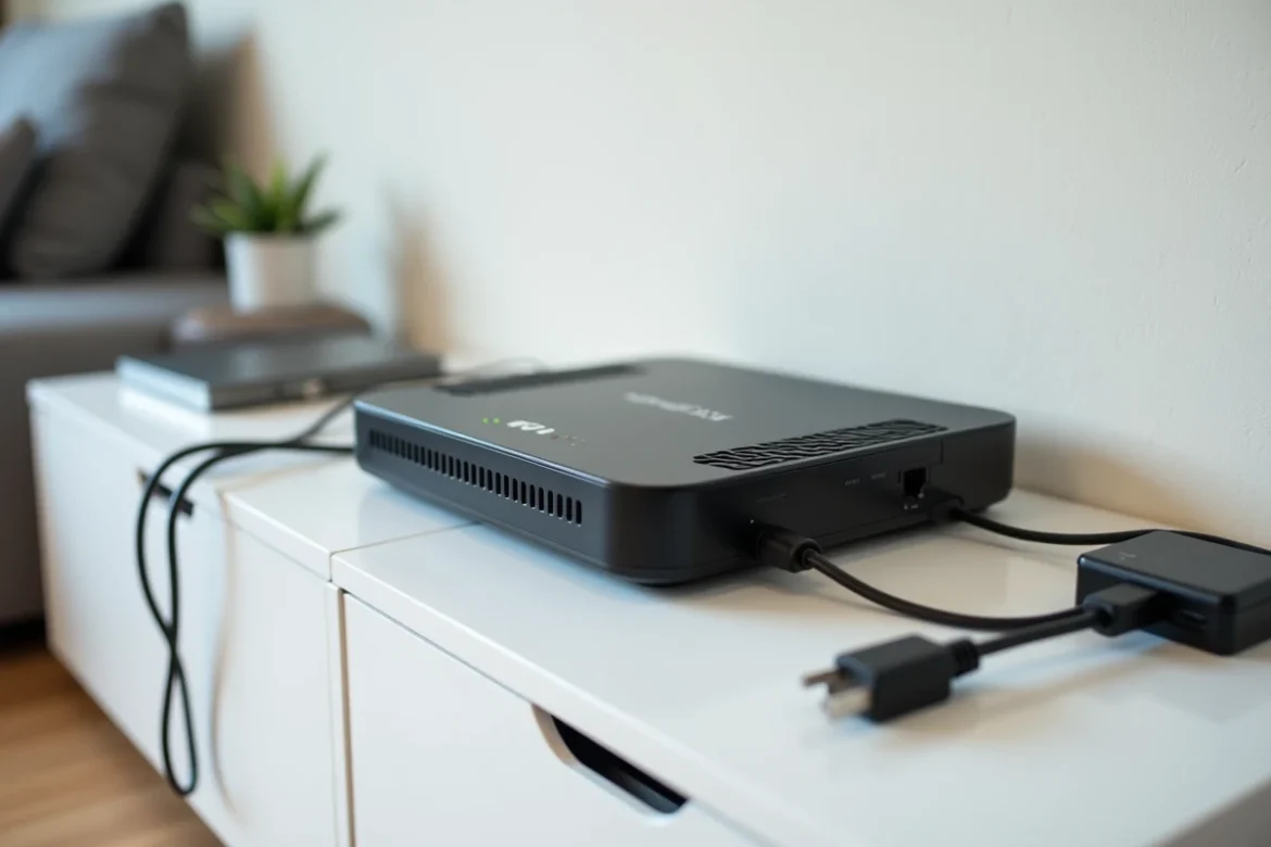 Routeur Freebox Delta posé sur une étagère avec des câbles ethernet et appareils connectés dans un salon français