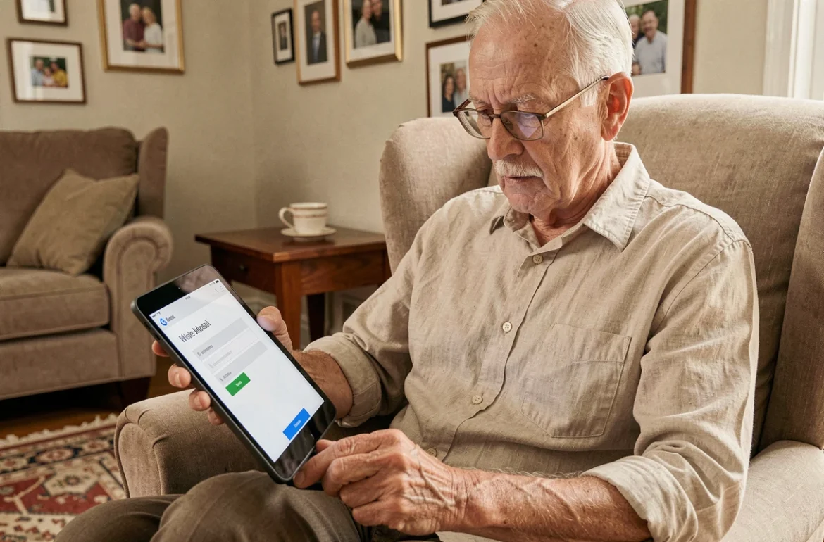Homme âgé utilisant une tablette pour accéder à sa messagerie webmail depuis son salon, guide pratique pour les seniors sur Alice ADSL et Free