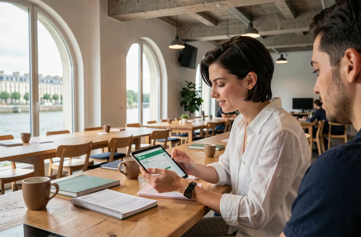 Designer de l'agence Skyra à Orléans présentant une maquette de boutique Shopify sur tablette
