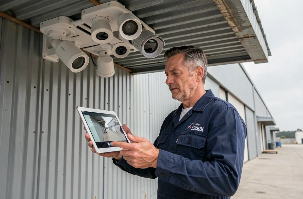 Responsable technique Societe Nouvelle Piriou inspectant une rangée de caméras sur un hangar industriel avec tablette