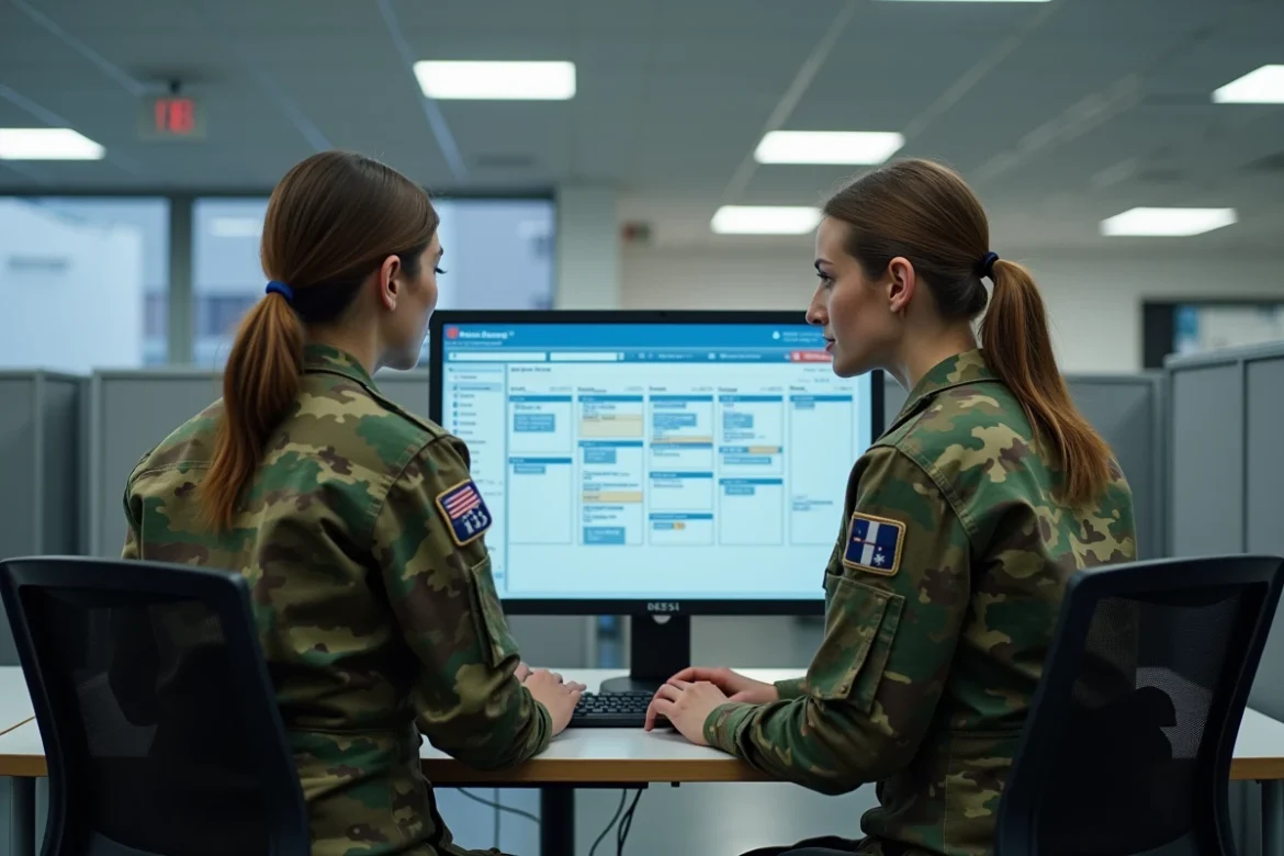Deux soldates administratives collaborant sur un logiciel de planification dans un bureau de caserne